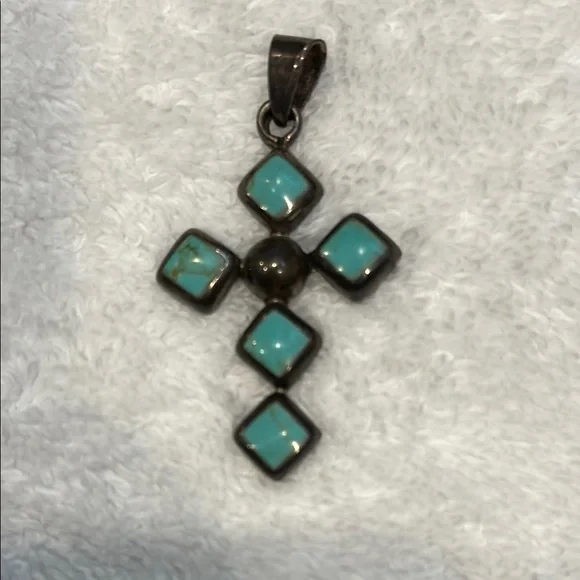 Sterling Silver and Genuine Turquoise Cross Pendant - Picture 1 of 2